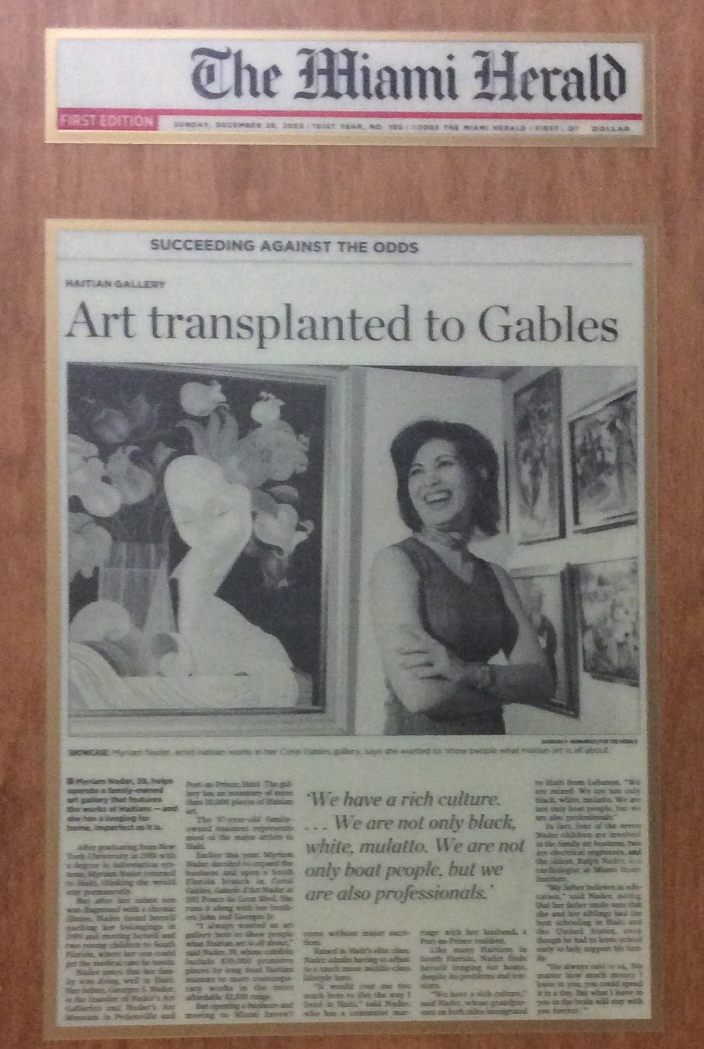 Myriam Nader in the Miami Herald - Art Transplanted To Gables - Succeeding Against the Odds By Jacqueline Charles, Dec 2003