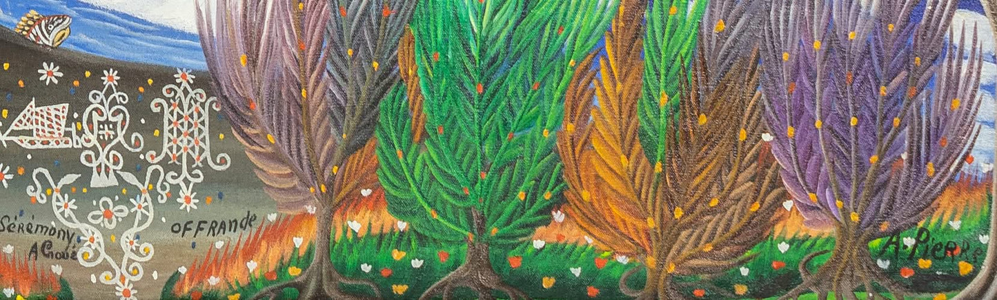 Andre Pierre (1914-2005) 22 ¾" X34 ¼" "Agoue Offrande " c1980 Oil on Canvas Framed Painting #9SS