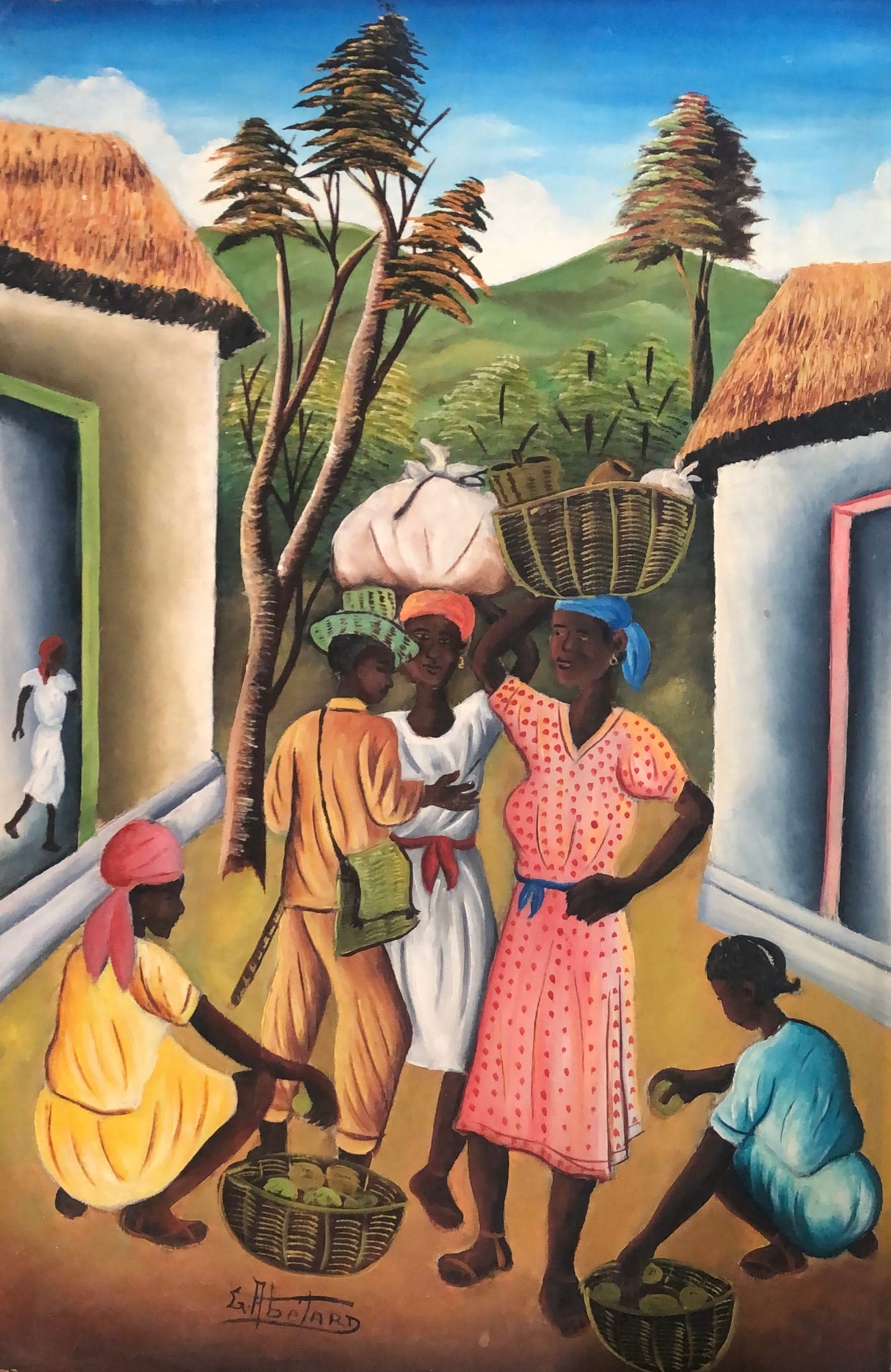 Gesner Abelard (Haitian, 1922-DCD) 24"x16" Rural Street Sellers c1977 Oil on Board Painting #1YN