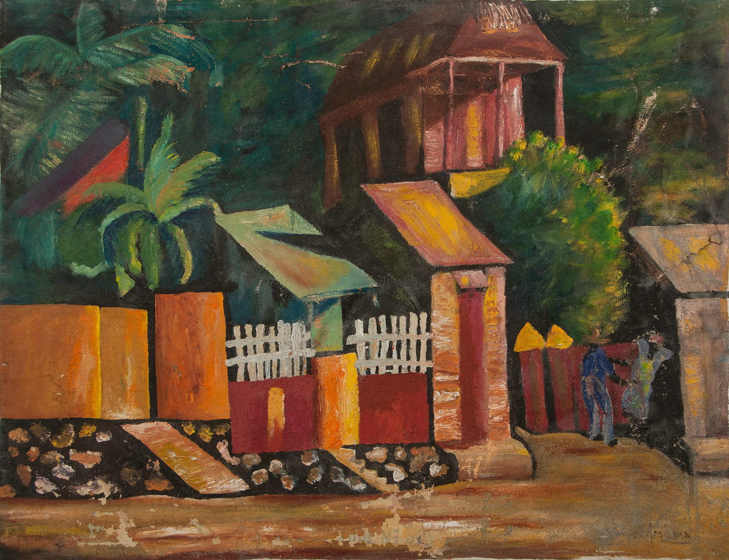 Xavier Amiama 23 ½" x29 ½" The Neighborhood c1968 Oil On Canvas Painting #7-3-96GSN-Fondation Marie & Georges S. Nader