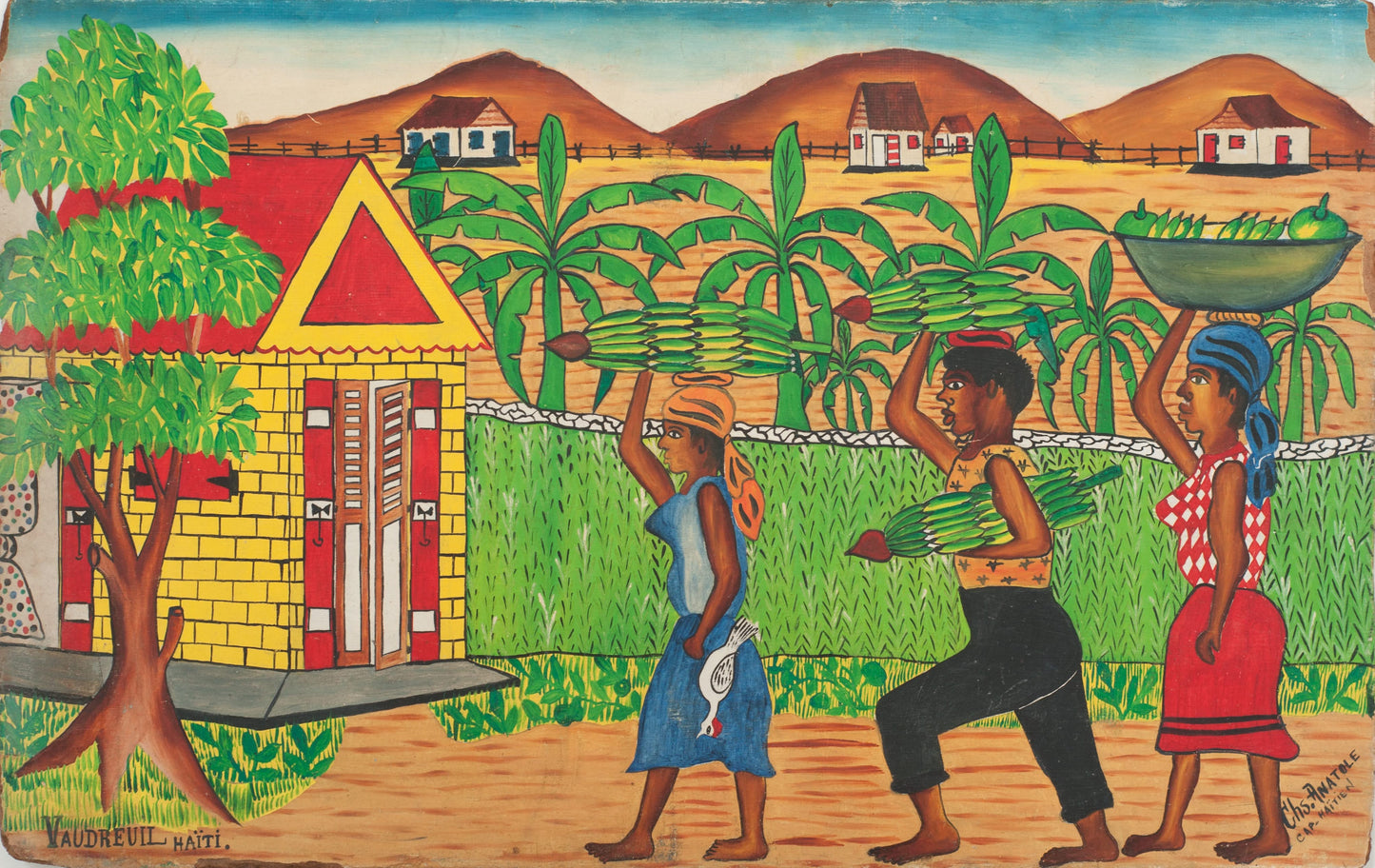 Charles Anatole (1922-1979) 15 ½" x 24 ½" Street Sellers 1973 Oil on Board Painting-Fondation Marie & Georges S. Nader#41-3-96GSN