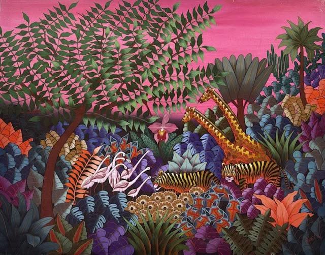 Andre Naval 30"x40" Noctural Jungle Scene Oil on Board Painting #1GN-HA