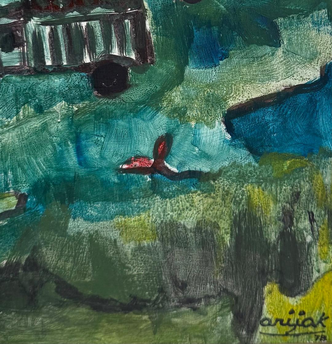 Harry Jacques (Arijak) 24"x30" Paysage au bord de la rivière 1970 Encaustique sur toile #3295MFN