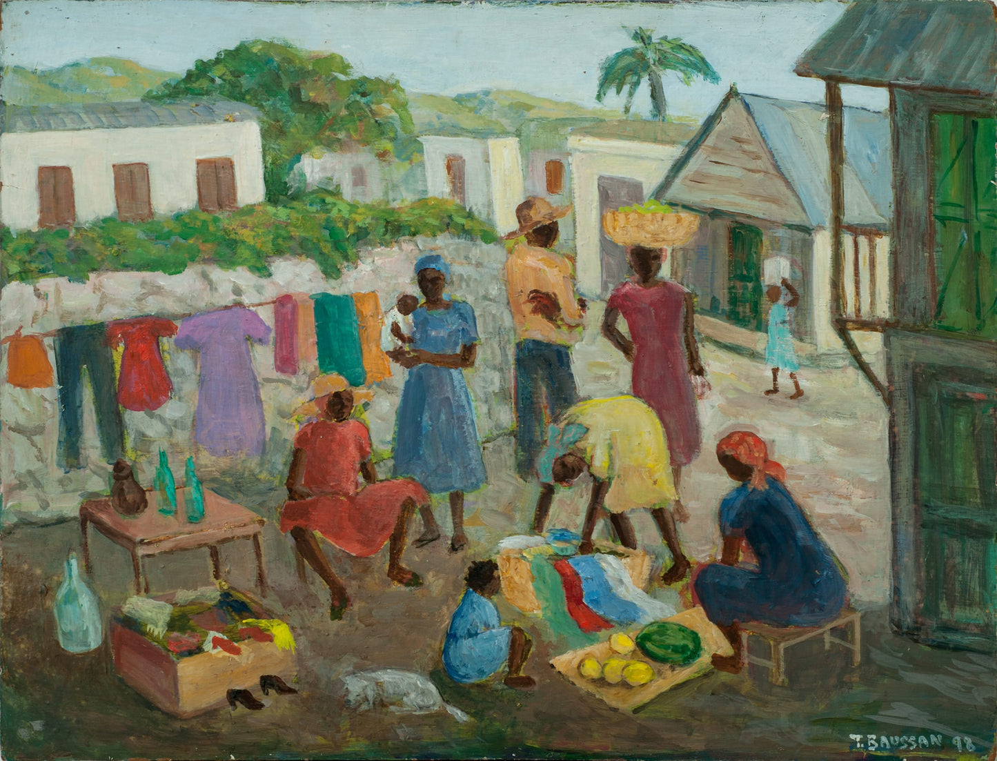 Tamara Baussan (1909-1999) 14"x18 Street Market 1998 Acrylic on Board Painting #44-3-96GSN-Fondation Marie & Georges S. Nader