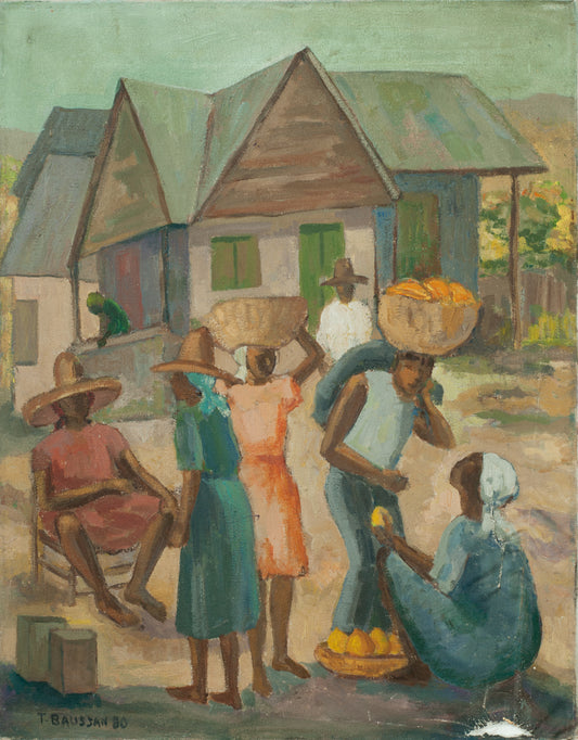 Tamara Baussan (1909-1999) 18"x14" Marketplace 1980 Acrylic on Canvas Painting #16-3-96GSN-Fondation Marie & Georges S. Nader