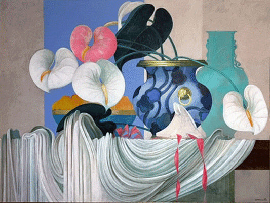 Bernard Sejourne (1947-1994) 48"x64" Still-Life with Flowers 1984 Acrylic on Board Framed Painting #1MB