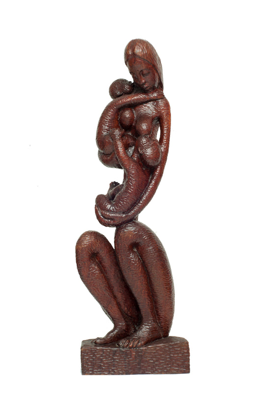 Ludovic Booz (1940-2015) 37"x12"x7" Mother & Children Hand-Carved in Mahogany Wood Sculpture #9-3-11GSN- Fondation Marie & Georges S. Nader
