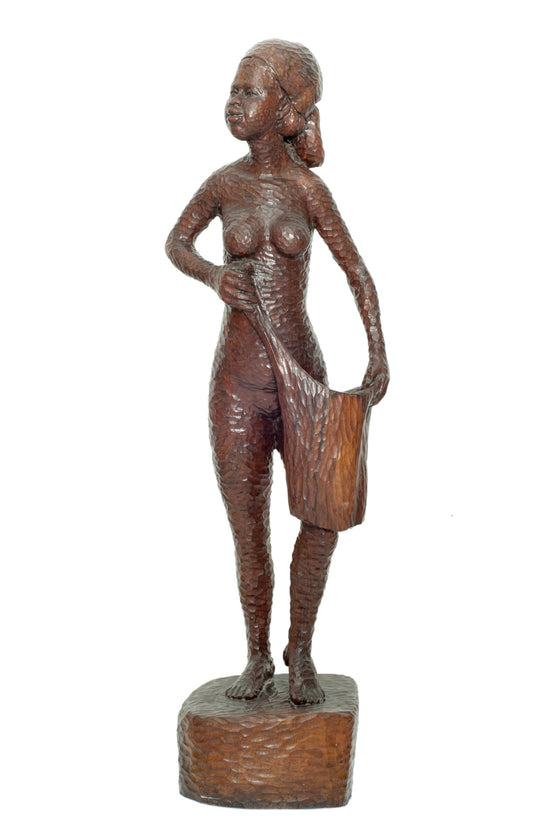 Ludovic Booz (1940-2015) 33"x7"x6'' Woman & Bag Hand-Carved in Mahogany Wood Sculpture #8-3-11GSN- Fondation Marie & Georges S. Nader