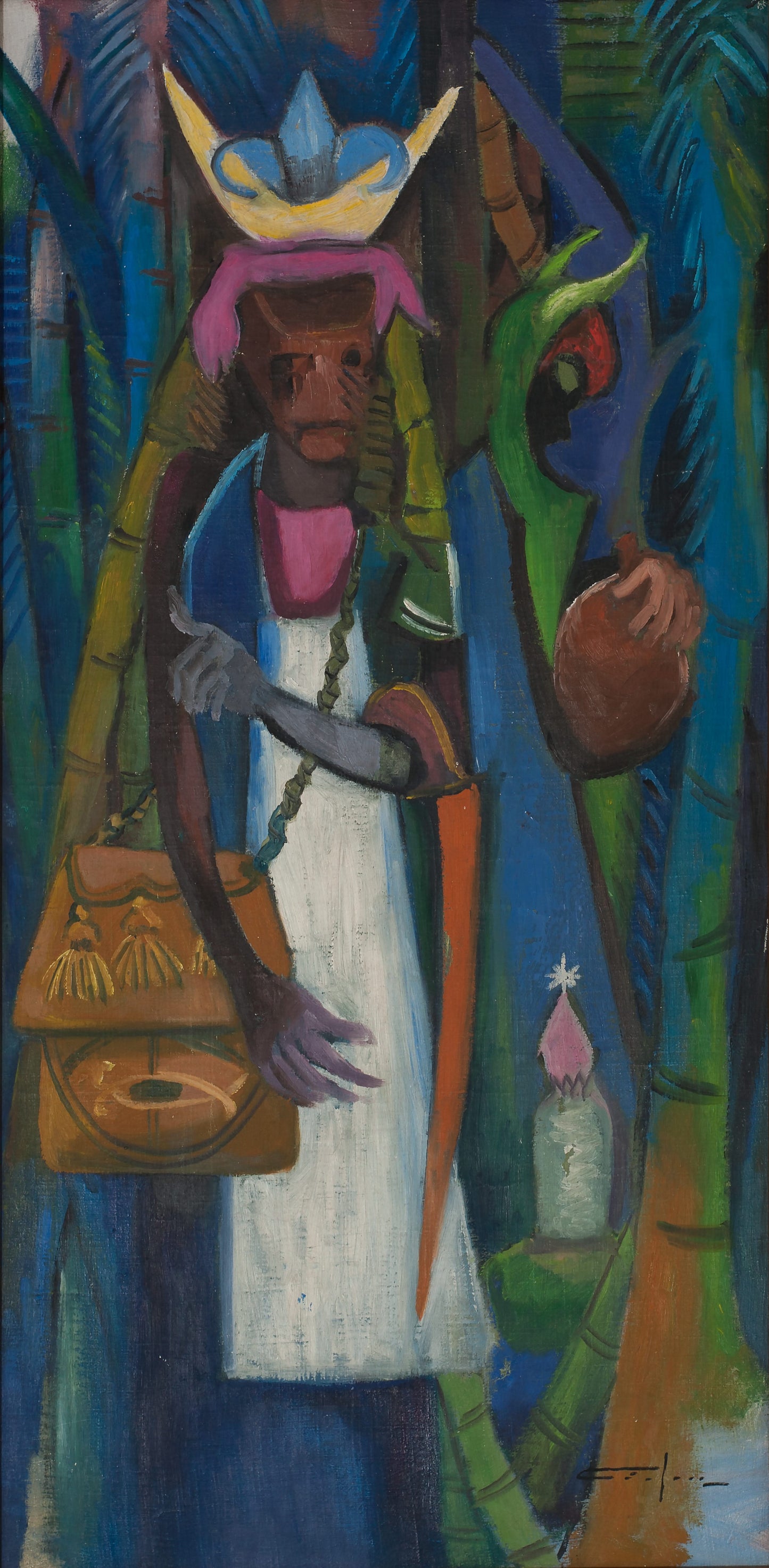 Dieudonne Cedor (Haitian,1925-2010) 40"x20" Mambo with Bag 1977 Unframed Oil on Canvas Painting #231-3-96GSN-Foundation Marie & Georges S. Nader
