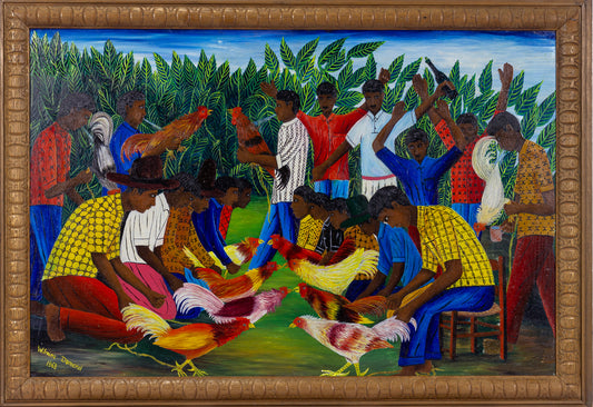 Wilmino Domond (1925-2006) 15.75"x24"  Roosters' Fight 1968 Oil on Board Framed Painting #32SS