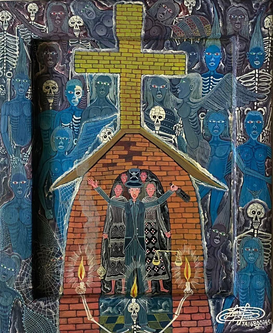 Frantz Zephirin 14"x11" Untitled/ Baron Samedi 2006 Oil on Board Hand-Painted Encrusted Framed Painting #28JN-HA