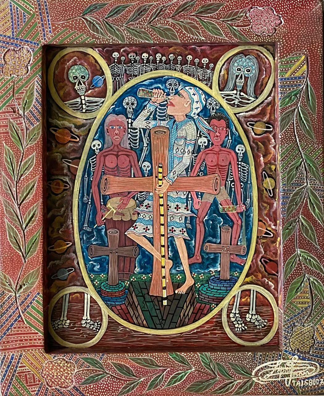 Frantz Zephirin 14"x11" Vodou Scene 2006 Oil on Board Hand-Painted Encrusted Framed Painting #29JN-HA