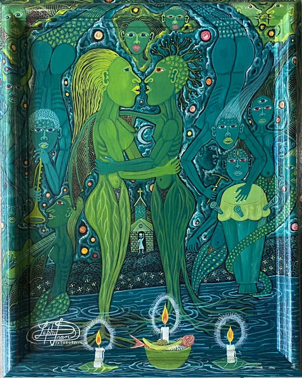 Frantz Zephirin 20"x16" Untitled 2005 Oil on Board Hand-Painted Encrusted Framed Painting #27JN-HA