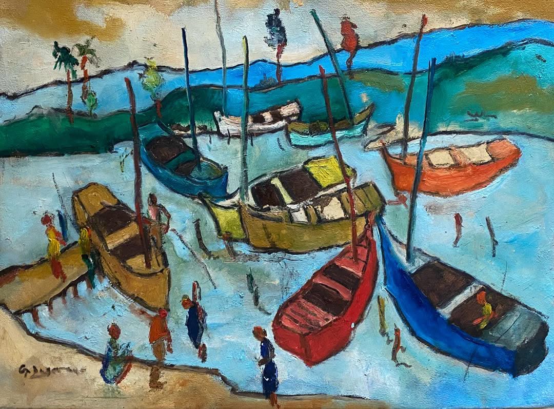 Georges Desarmes 18"x24" Marina with People Oil on Canvas Unframed Painting #6JN-HA