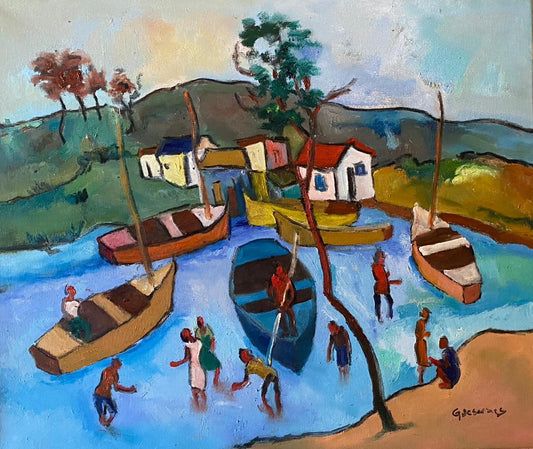 Georges Desarmes 20"x24" Village by the Marina 2023 Oil on Canvas Unframed Painting #4JN-HA