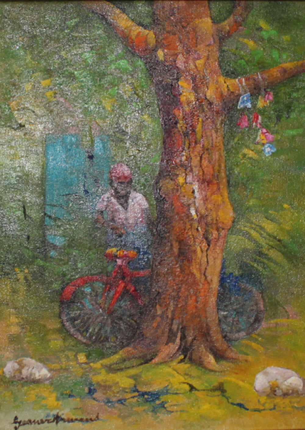 Gesner Armand Red Bicycle, Myriam F. Nader Private Collection, original Haitian oil painting