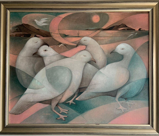 Jacques-Enguerrand Gourgue (1930-1996) 24"x30" The Pigeons Oil on Canvas Framed Painting #61-3-96GSN-MIA - Published on Peintres Haitiens, pp 256
