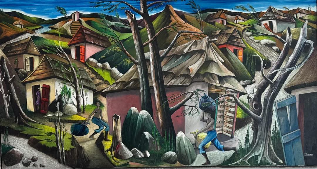 Jacques-Enguerrand Gourgue (1930-1996) 42"x78" Village Scene in Haiti 1960-1970 Oil on Canvas Mounted on Hardboard Painting #1GN-MIA