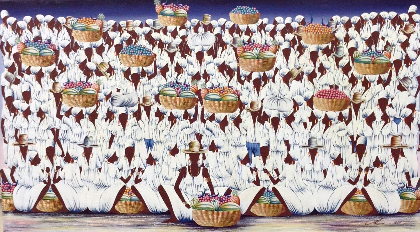 Jean-Claude Blanc 20"x35" Market Women in White c. 2000 Oil on Canvas Unframed Painting #1100GN-HA