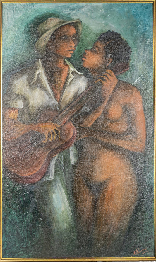 Néhémy Jean (1931-2007) 39 ¼" x 23 ¾" Serenade c1980 Oil on Canvas Framed painting #15SS