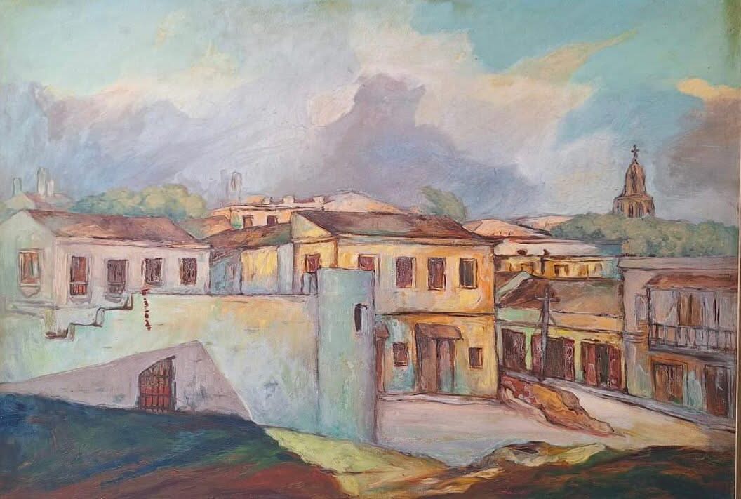 Juan Plutarco Andujar (1931-1995) 32.50"x45" Colonial Landscape Oil on Board Painting #21FN
