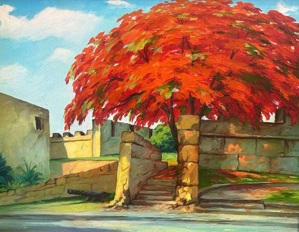 Juan Plutarco Andujar (1931-1995) 24"x30" Paisaje Flamboyán c1990 Acrylic on Canvas Unframed Painting #24FN