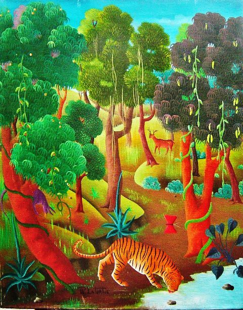 Colorful illustration of a tiger in a forest with trees and animals.