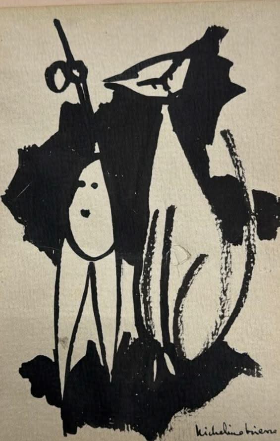 Micheline Brierre 8"x5.5" Black & White Abstract c1960 Gouache On Paper #5GN-HA