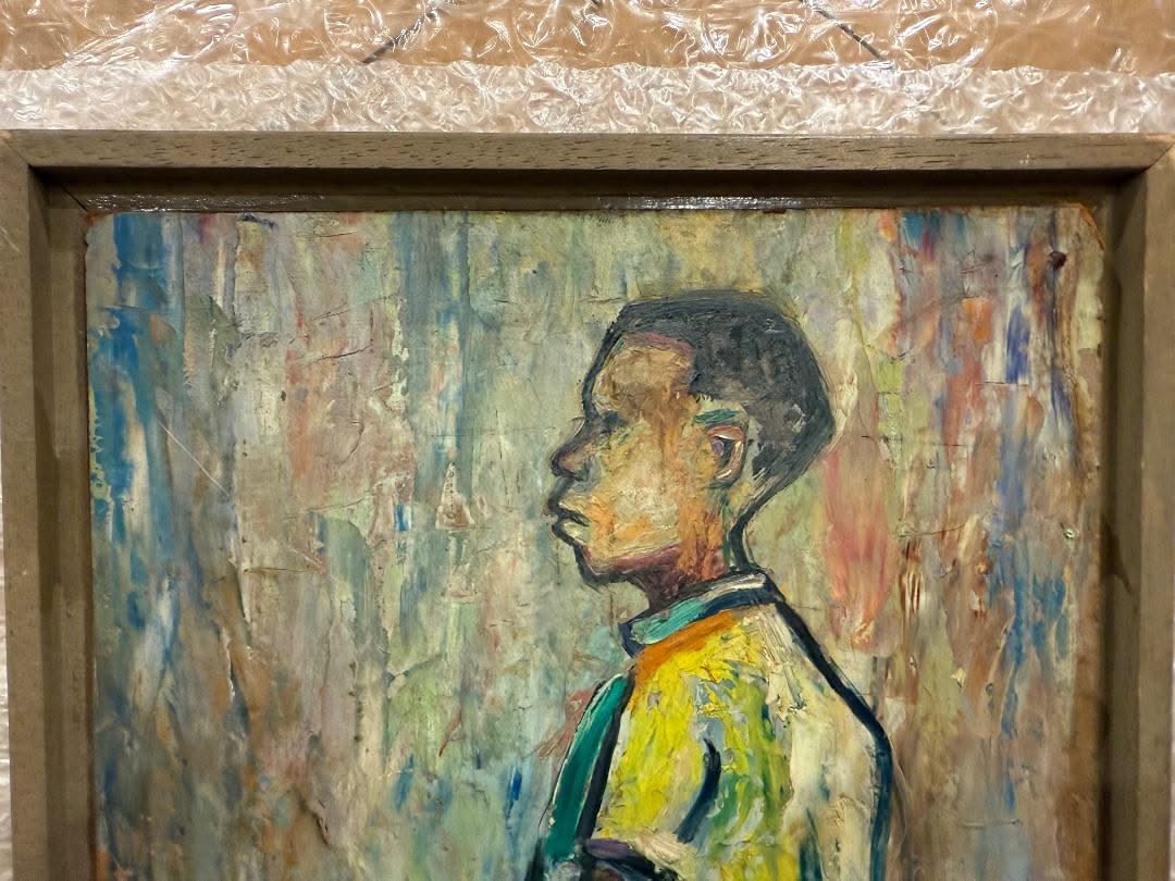 Abraham Mucius 14.25"x 8.75" Young Man On A Bench 1985 Oil on Board Painting #1PMC-NY