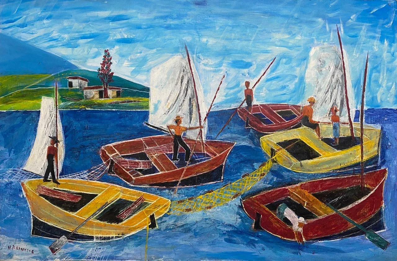 Nicolas Dreux (1956-2021) Scène marine 30"x40" avec port et village acrylique sur toile peinture #9JN-HA
