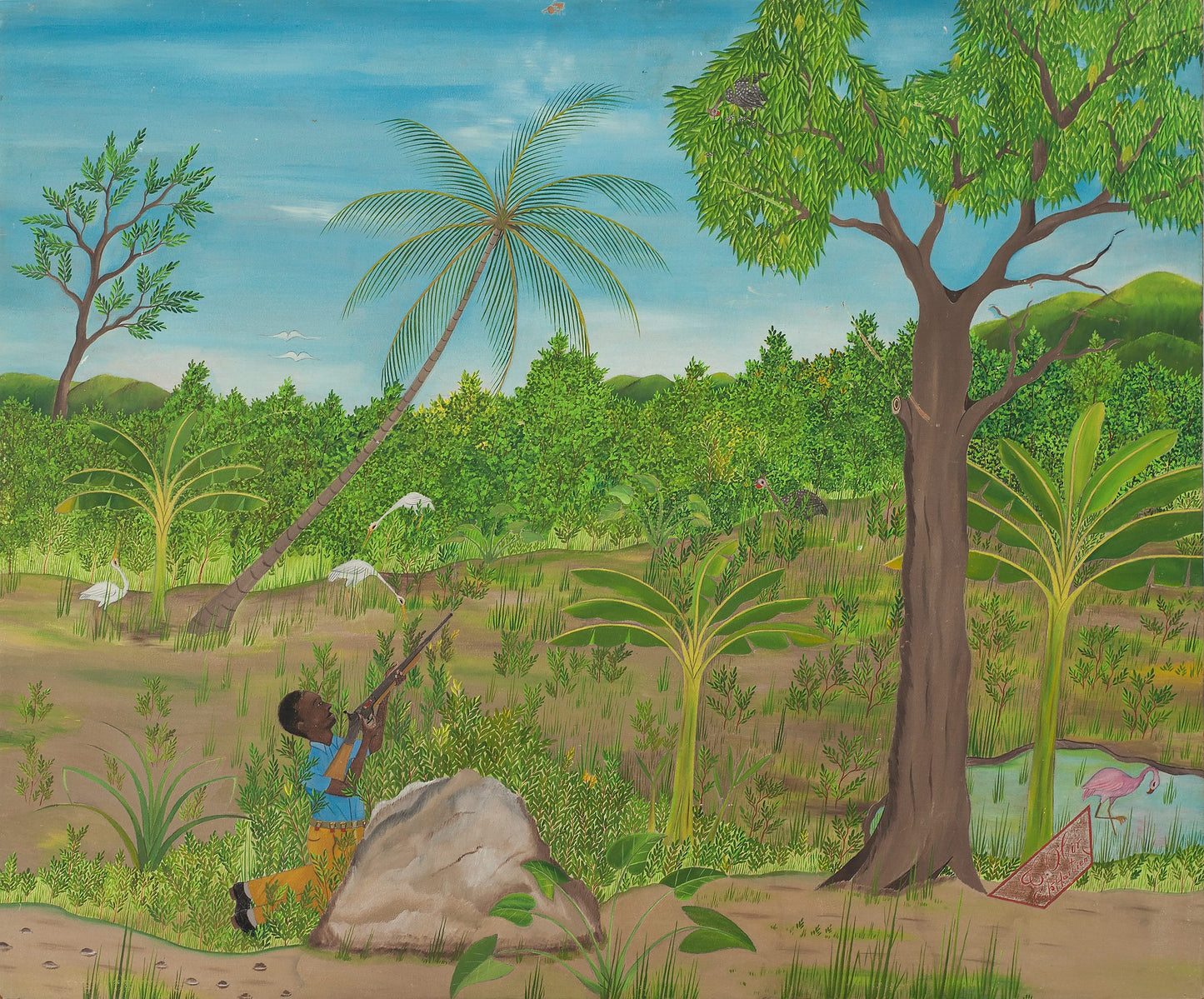 Telemaque Obin (Cap-Haitian, 1913-?) 20"x24" The Hunter 1980 Oil on Board-Unframed Painting #26-3-96GSN-Fondation Marie & Georges S. Nader