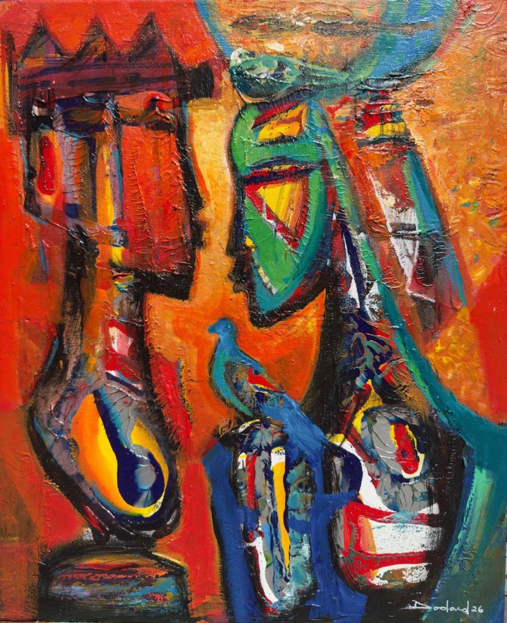 Philippe Dodard Paroles en Couleur acrylic on canvas featuring abstract totemic figures in vivid red blue orange and black contemporary Haitian expressionist painting