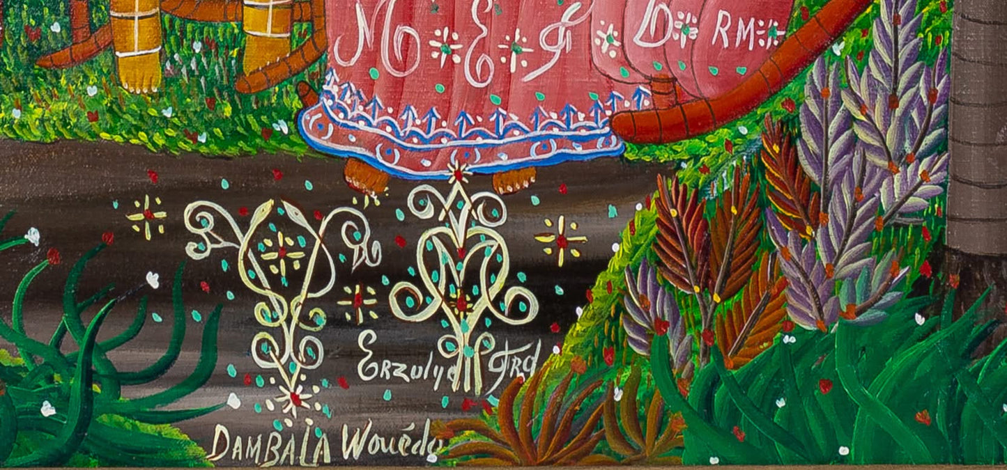 Andre Pierre (1914-2005) 20"x32" "Erzuly Freda Dambala Wouedo" c1980 Oil on Canvas Framed Painting #22SS