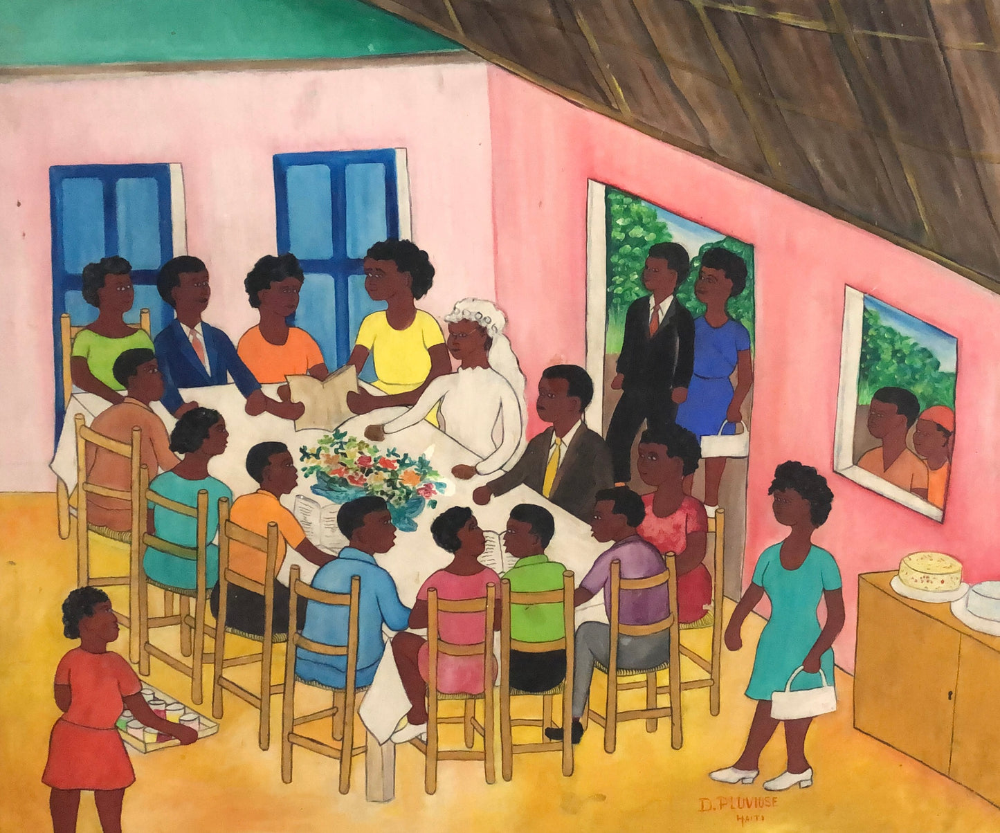 Dieudonne Pluviose 20"x24" Wedding Reception c1970 Oil on Canvas Unframed Painting#1YN