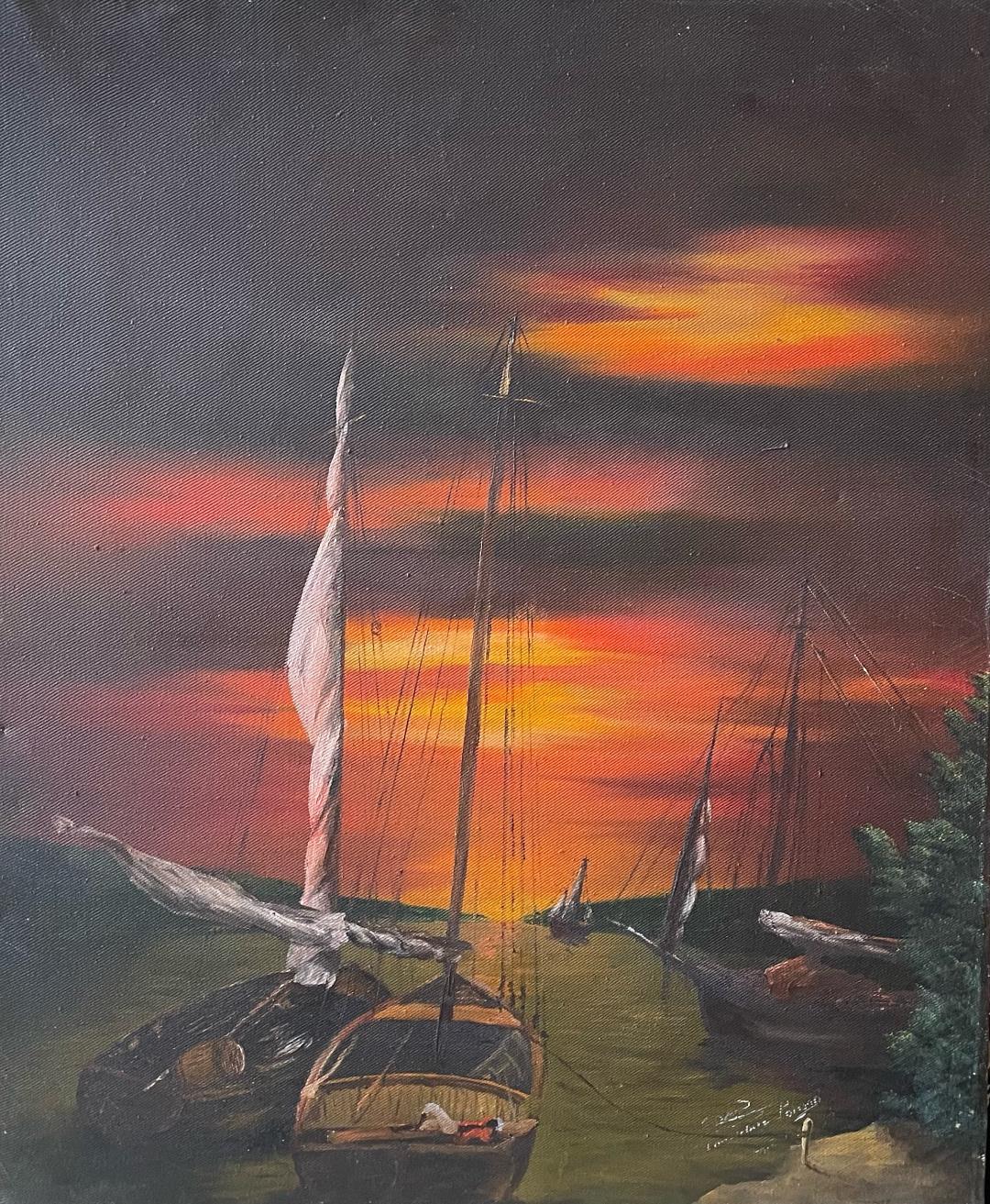 Louverture Poisson (1914-1985) 24"x20" Nocturnal Marine 1980 Oil on Canvas Unframed Painting
