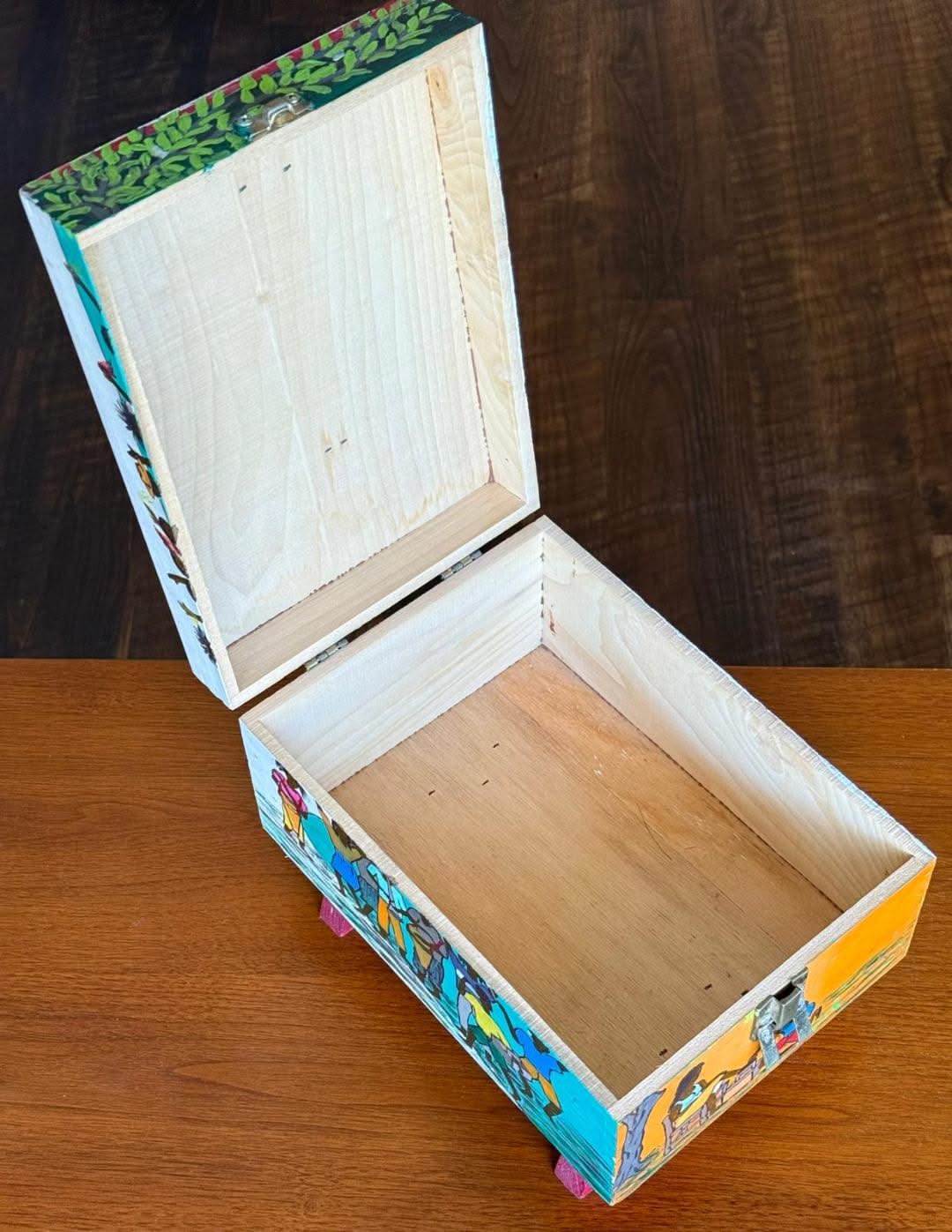 Prefete Duffaut (Haitian, 1923-2012) 10 3/4 x 7 3/4 x 5 ½ Unique Hand-Painted Wood Shoe Shine Box #1PN