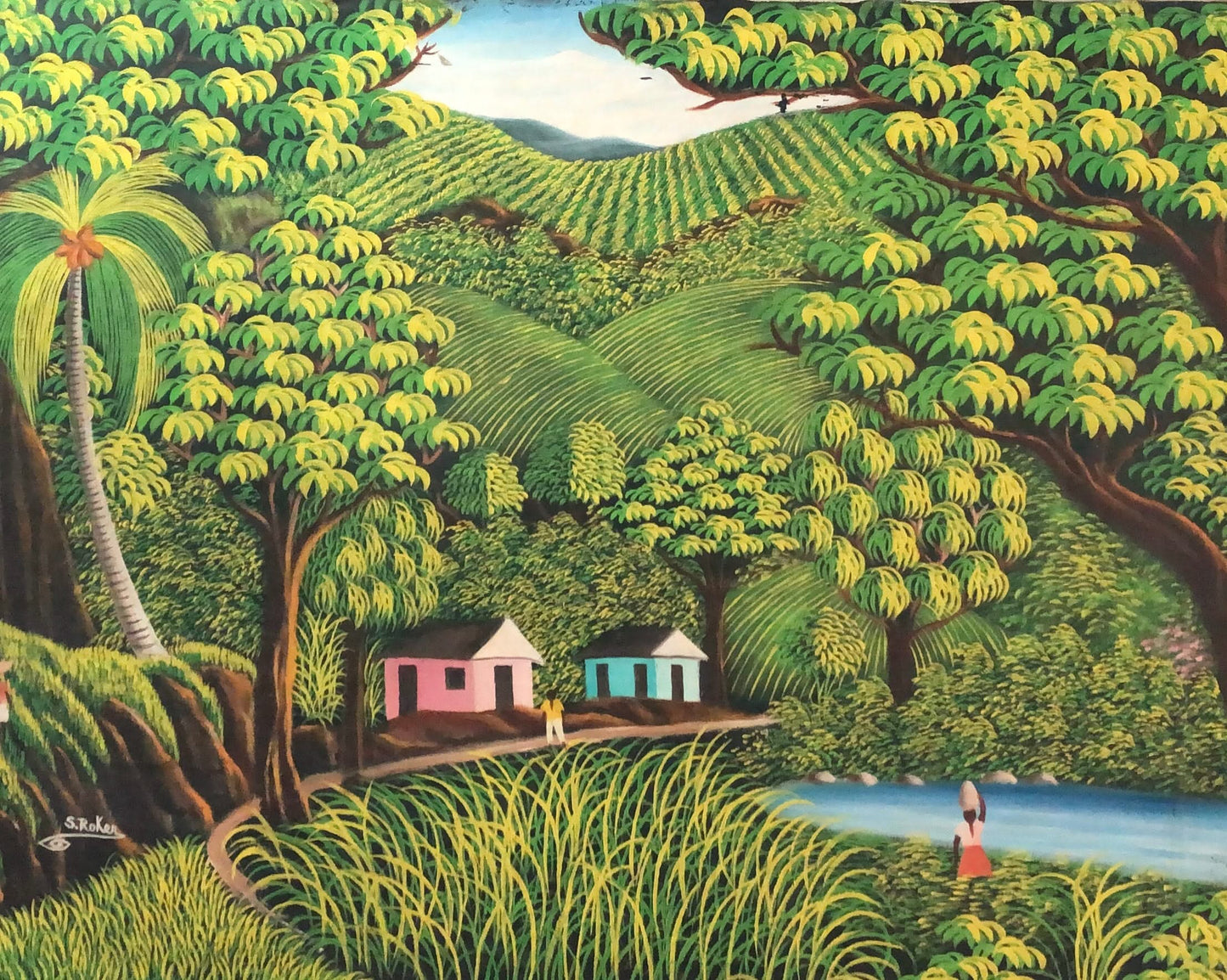 Samuel Roker 24”x30” Two Houses in Green Landscape c1980 Oil on Canvas Painting#1YN