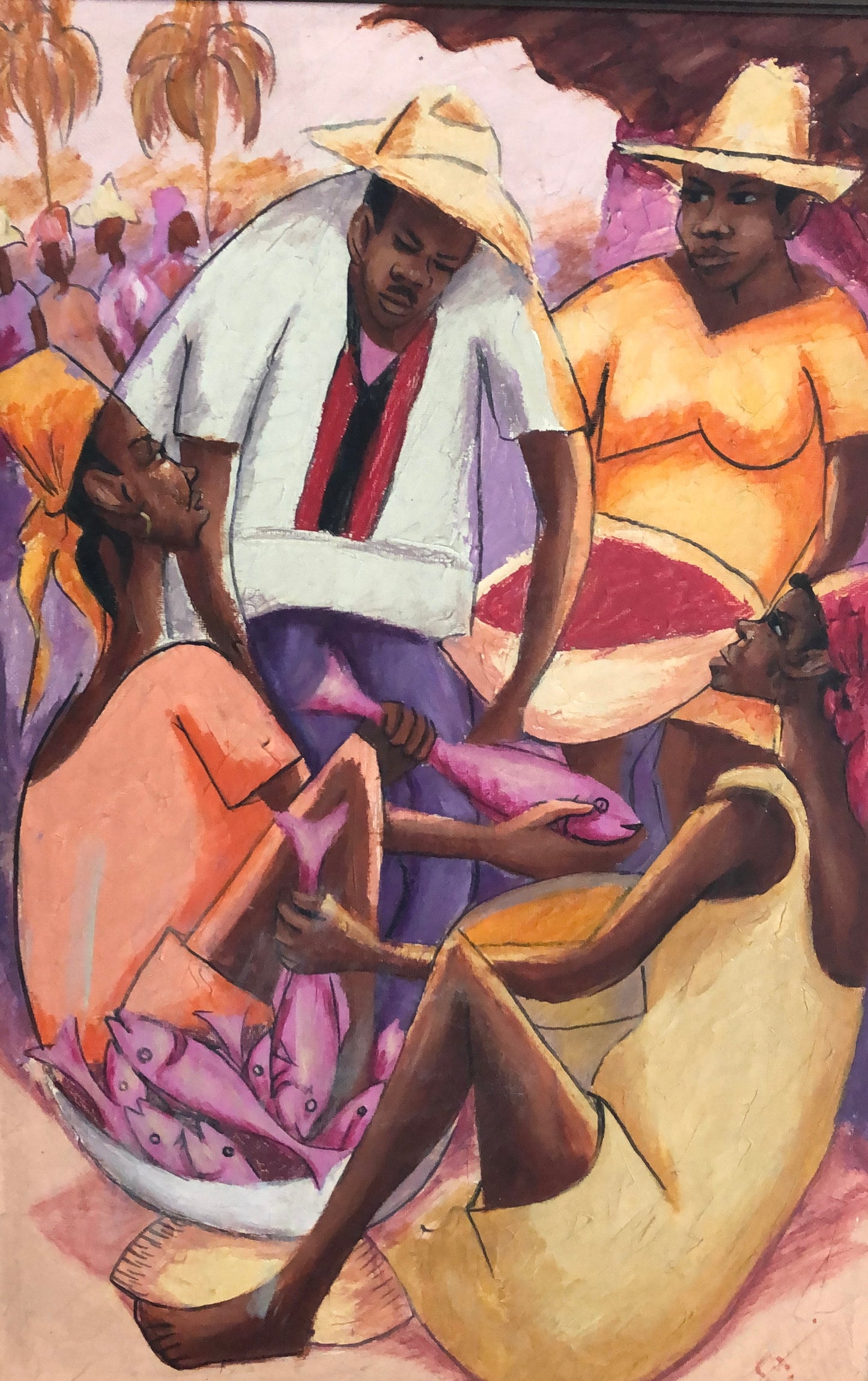 Petion Savain (1906-1973) 24"x16" Four Sellers 1970 Minor Scratches Oil on Canvas Painting #2YN