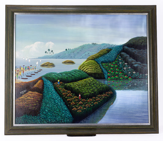 Murat Saint-Vil 19 ¼" x 23 ½"  Floating Islands 1980 Oil on Masonite Framed Painting #29SS
