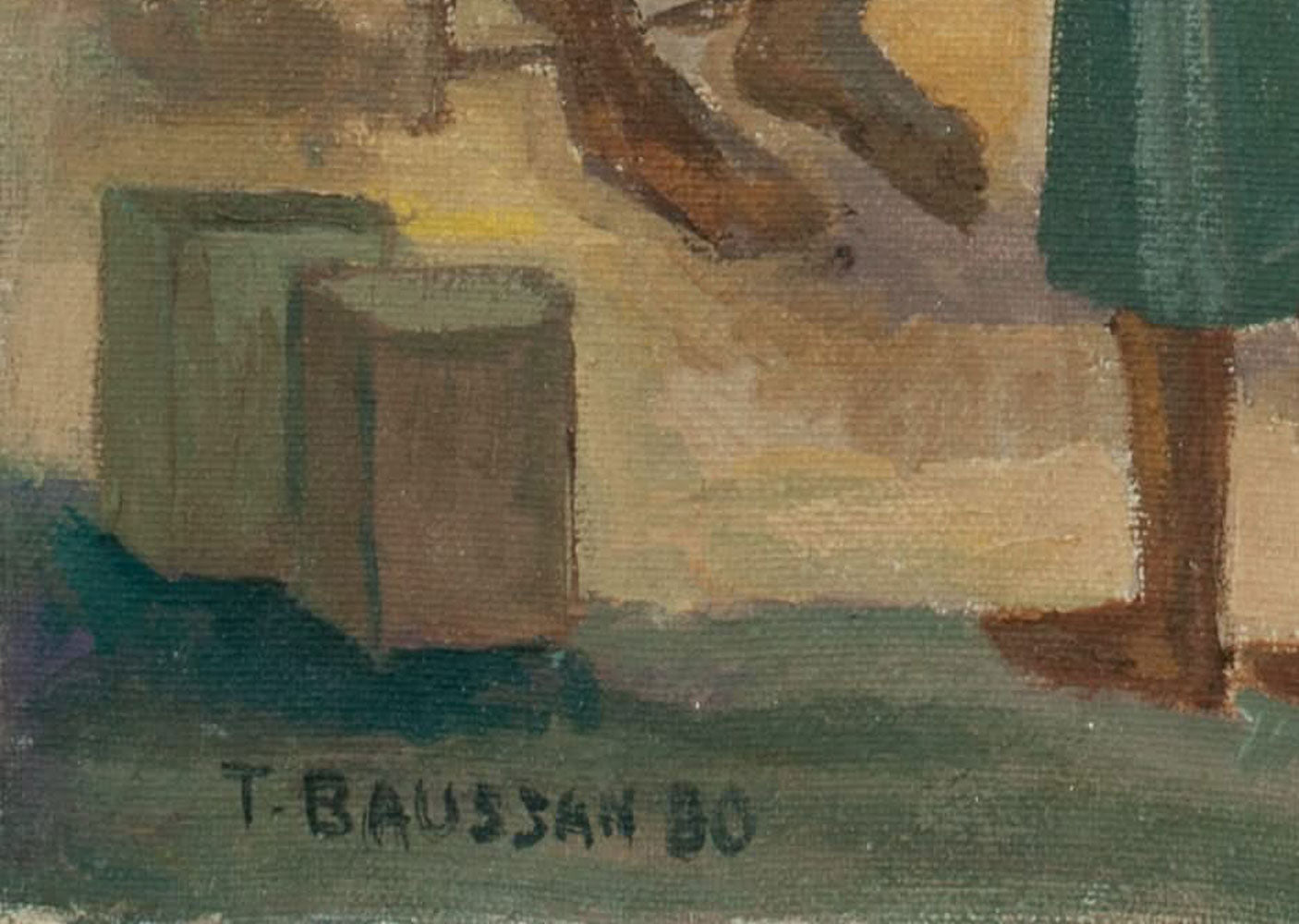 Tamara Baussan (1909-1999) 18"x14" Market Scene with Figures 1980 Acrylic on Canvas Painting #16-3-96GSN-Collection Family Marie & Georges S. Nader