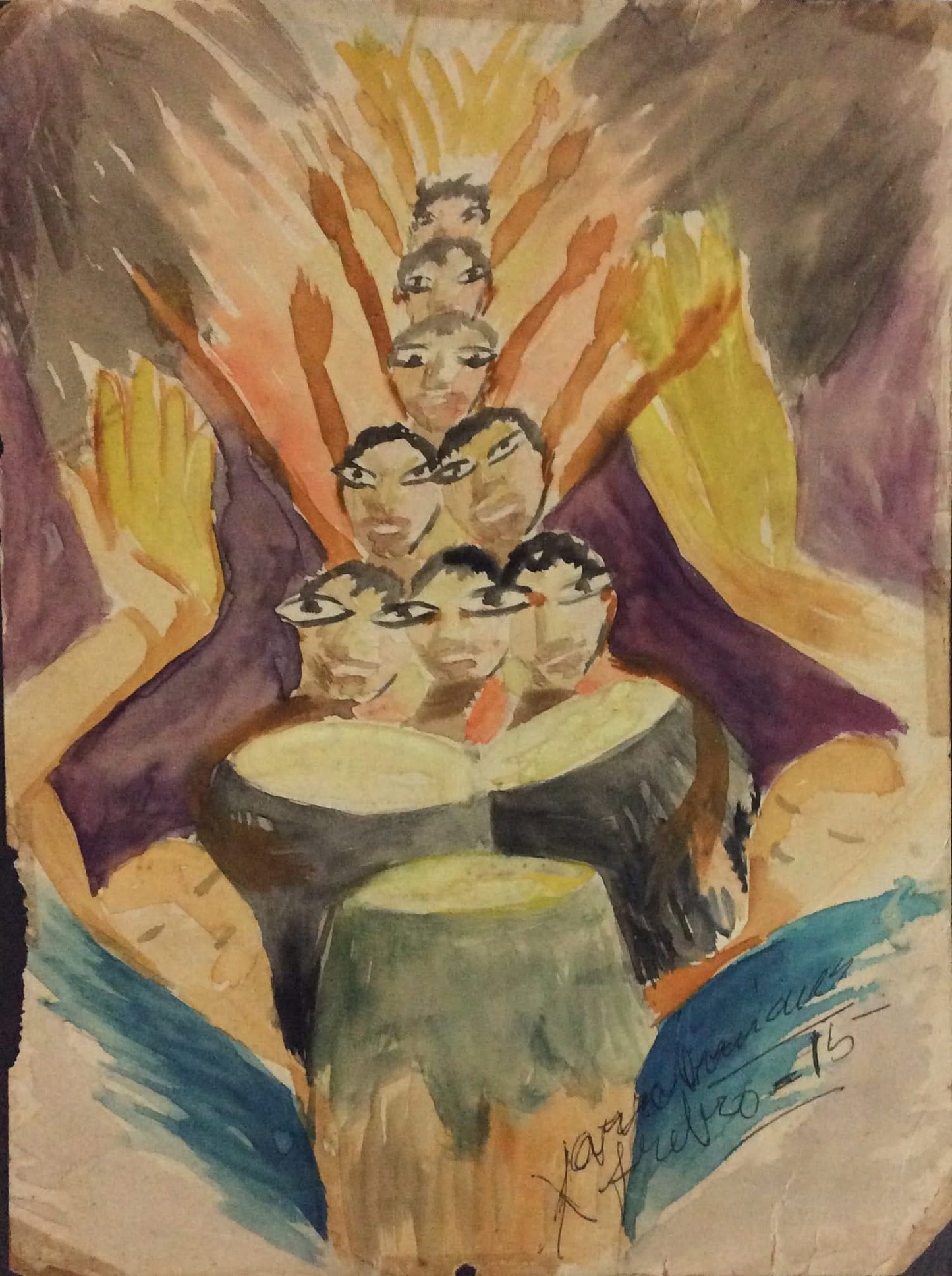 Xavier Amiama (1910-Haïti 1969) 11"x8" SANS TITRE 1945 Encre de crayon de couleur sur papier dessin #26MFN