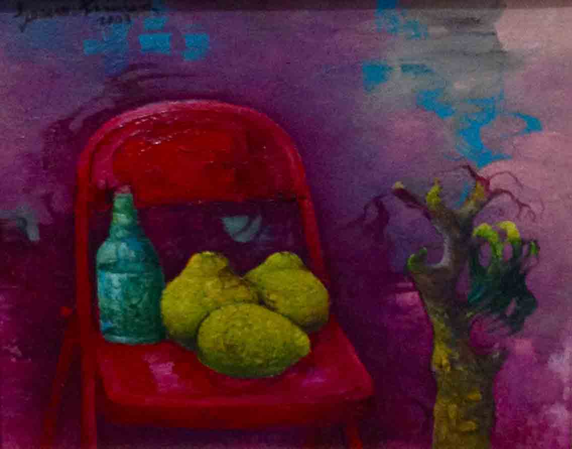 Gesner Armand (1936-2008) 8"x10" Nature morte sur une chaise 2003 Huile sur carton #2357GN-HA