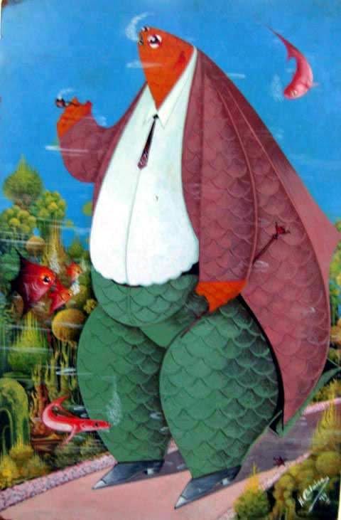 Andre Blaise 18"x16" The Smoker c1990 Oil on Masonite #6-2-95MFN