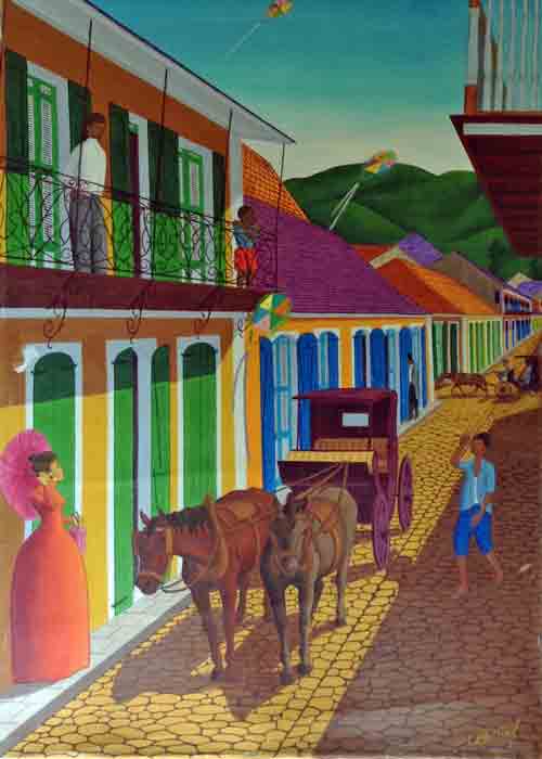 Jean-Baptiste Bottex (1918-1979) 36"x24" Carriage in Cap-Haitien Oil on Canvas Painting #1-2-95MFN