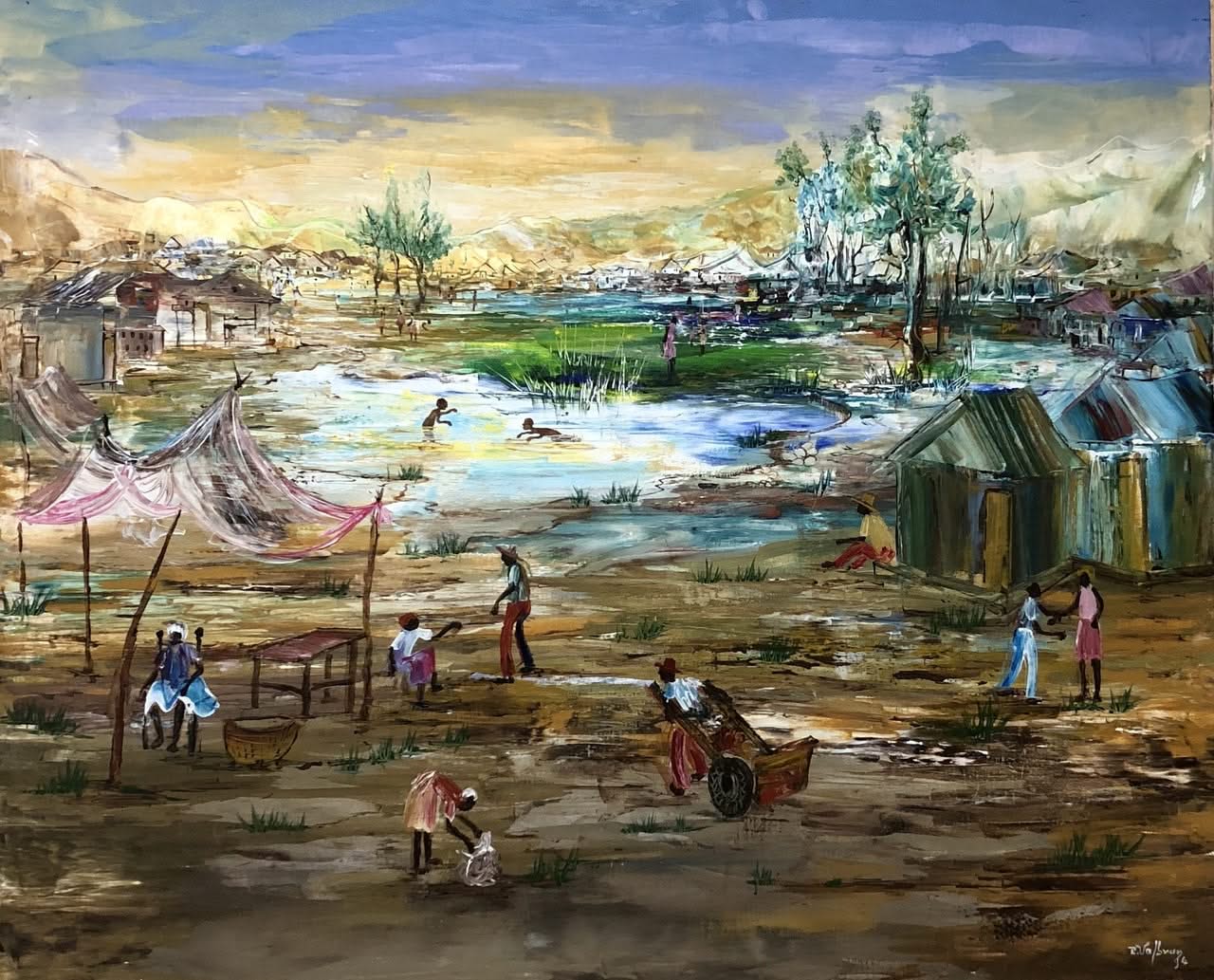 Reginald Valbrun 20"x24" Village 1994 Acrylic on Canvas #MLB