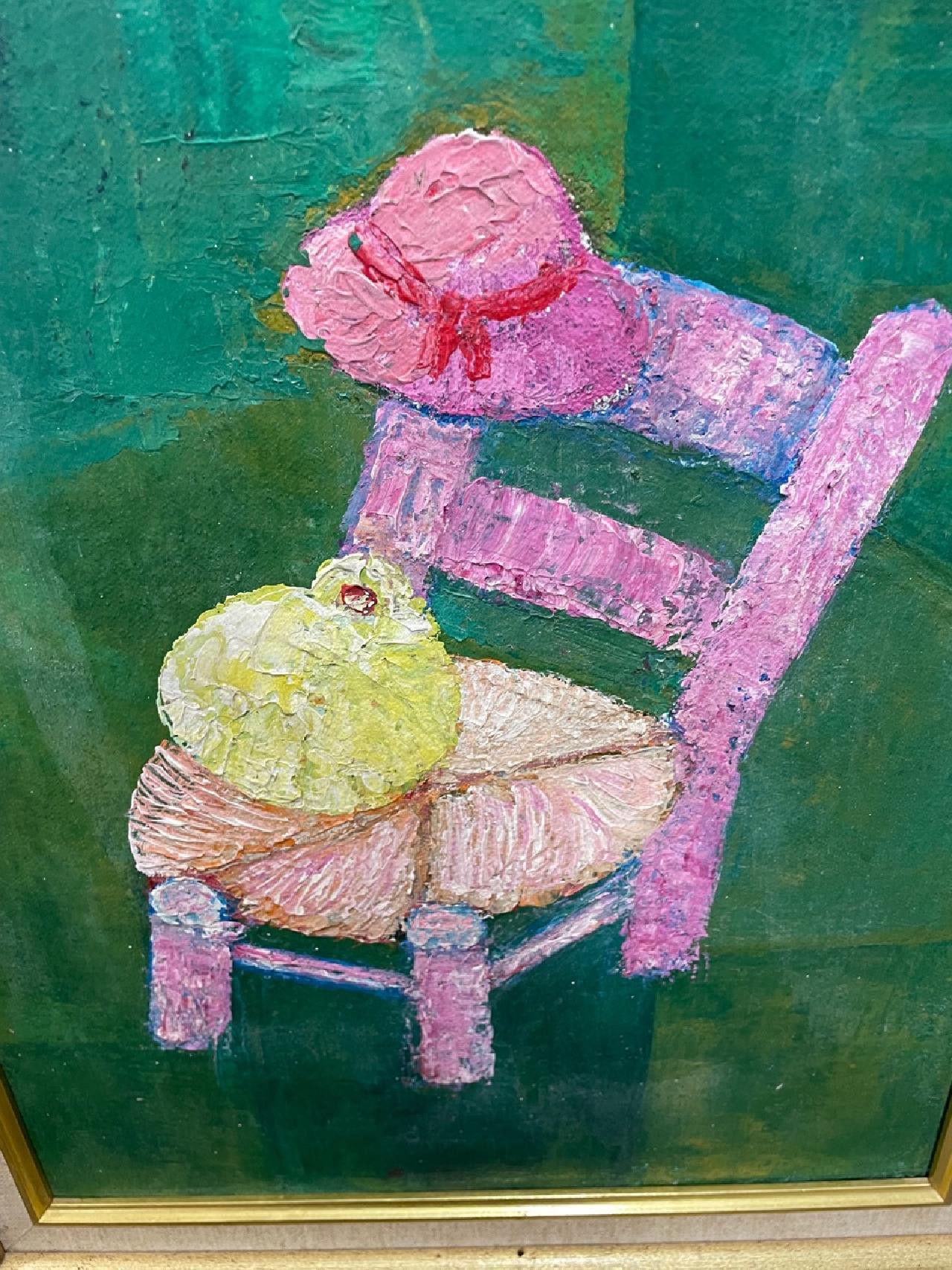 Calixte Henry (1933-2010) 16"x12" Chair/ Pigeon Acrylic on Canvas #1MFN- Framed