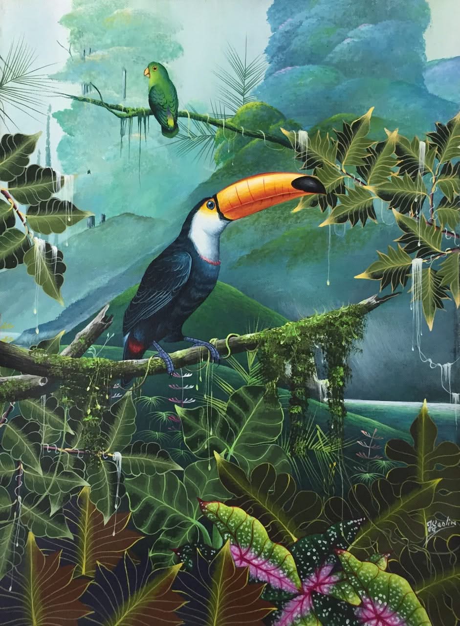 Jacques Geslin 12"x16" Two Parrots Oil on Canvas #1509GN-HA