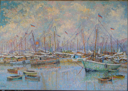 Eric Girault 42"x64" 1988 "Sunday at the Port" Oil on Canvas #23EG