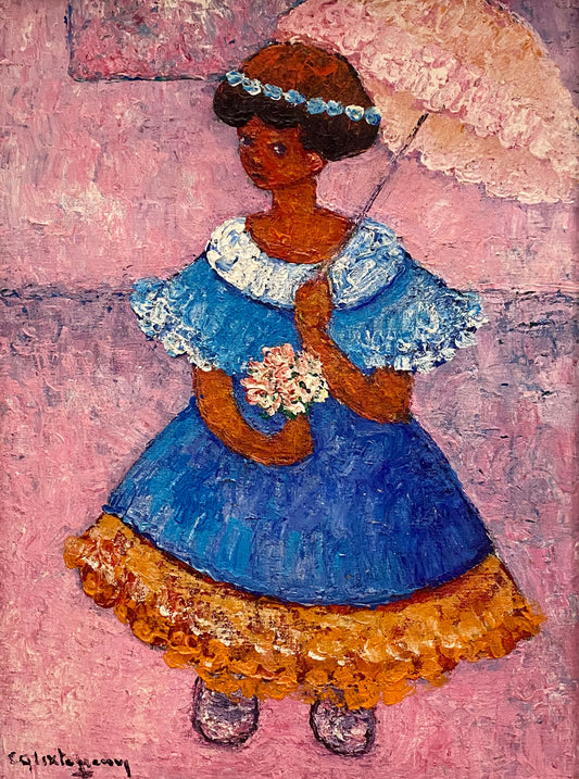 Calixte Henry (Haitian,1933-2010) 20"x16" Girl With Umbrella Oil on Canvas Painting #1TC