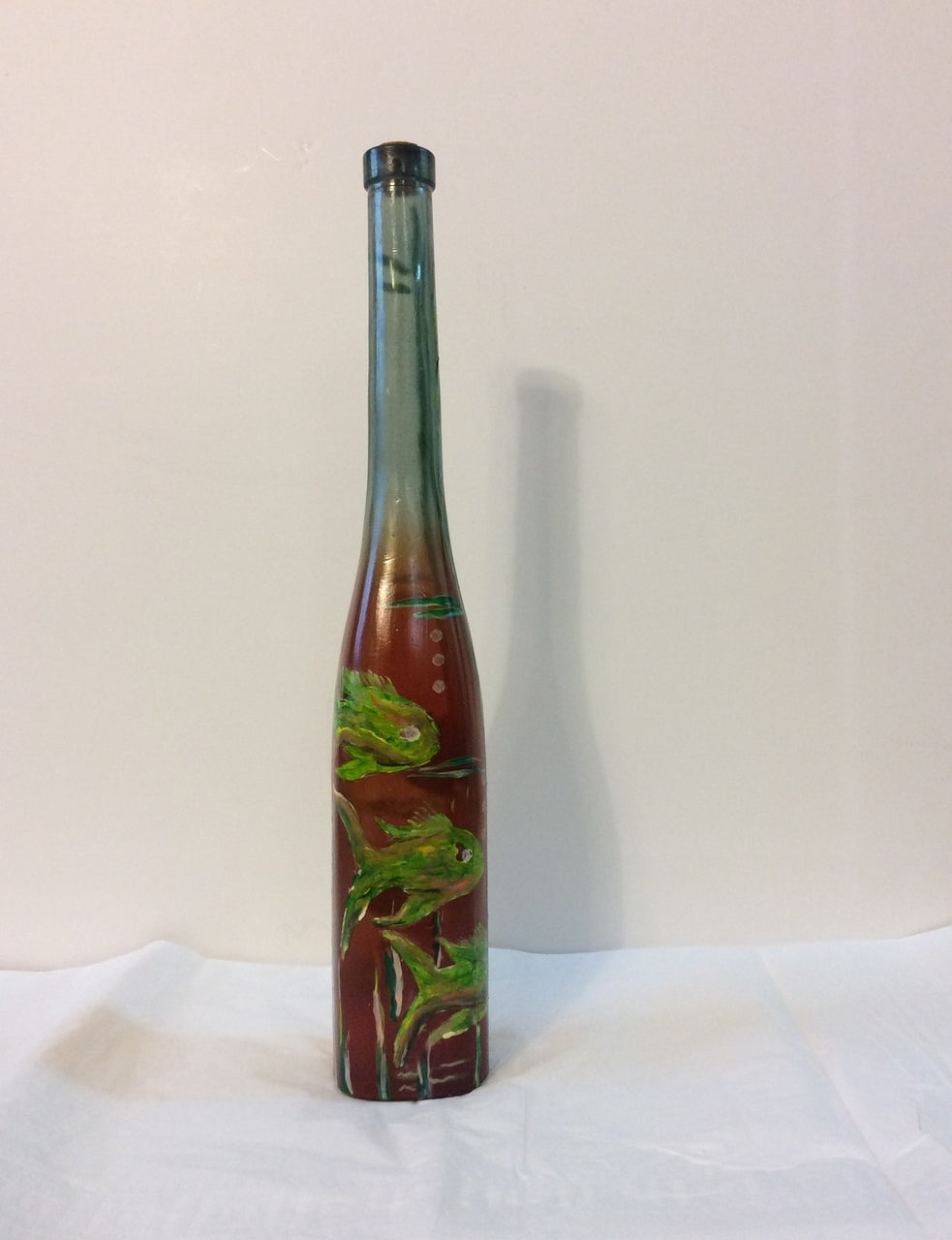 Hand-Painted Bottle by Haitian Artist Rose-Marie Lebrun 16.5"x2"x2.5" Six Green Fishes #1MFN